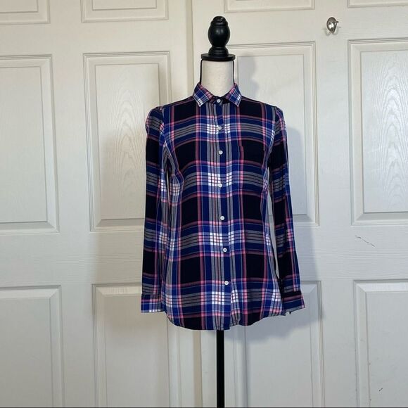 Old Navy Lightweight Flannel Blue, White, Navy & Pink Button Down Flannel, XS - Picture 2 of 13